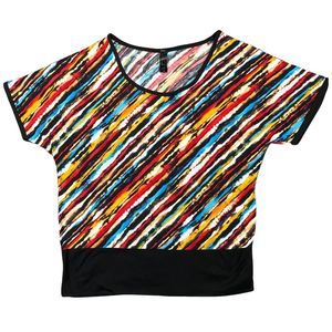 Plus size 1x colorful wavy stripes shirt swoop neck batwing arms thick black hem